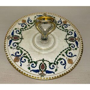 Vintage Minton Clear Glass Blue, Green & Gold Hand Painted Dish